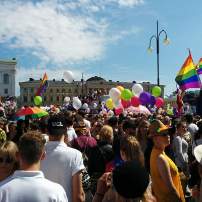 Ihmiset juhlivat Pride-kulkuetta.