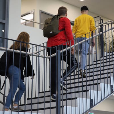 Oppilaat kävelevät ylös portaita.