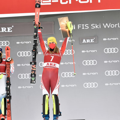 Mikaela Shiffrin of USA takes 2nd place, Katharina Liensberger of Austria takes 1st place, Wendy Holdener of Switzerland takes 3rd place during the Audi FIS Alpine Ski World Cup Women's Slalom on March 13, 2021 in Are Sweden.