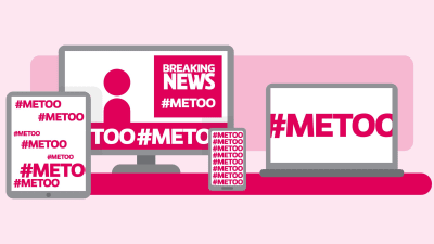 En grafisk bild där det står #metoo i en mobil, tv, lapotop och tablett.