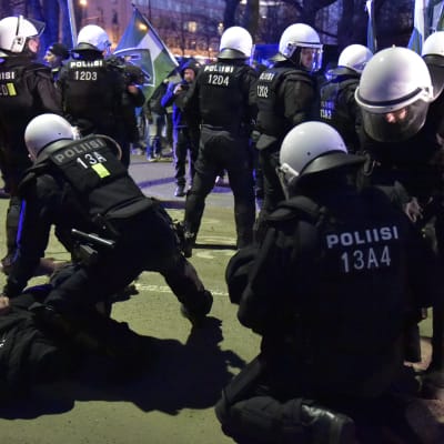 Polisen ingriper mot dememonstranter på Finlands självständighetsdag.