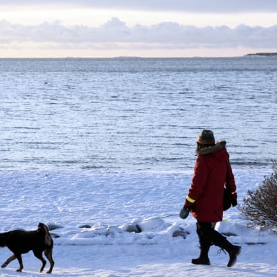 Ägare och hund på promenad i Brunnsparken.