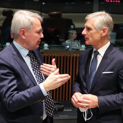 Utrikesminister Pekka Haavisto diskuterar med Österrikes utrikesminister. 