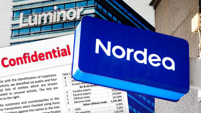 Bildkollage med en skärmdump från rapporten, ordet Confidential, Nordeas logga och banken Luminors kontor.