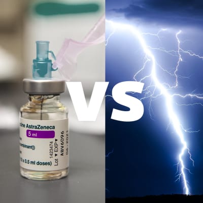 En tudelad bild med Astra Zenecas coronavaccin på vänster sida och en bild av ett blixtnedslag på höger sida.