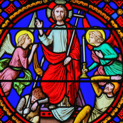 Kuvassa lasimaalaus Jeesuksen ylösnousemuksesta. Notre-Dame-des-flots -kappeli, Sainte Adresse, Le Havre (1857).