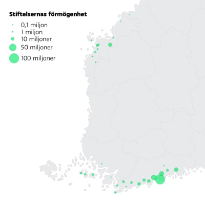 Karta som visar 30 gröna bollar i olika storlekar längs kusten i Finland. De största stiftelserna finns i Nyland, i Åboland och Österbotten finns det många små stiftelser.