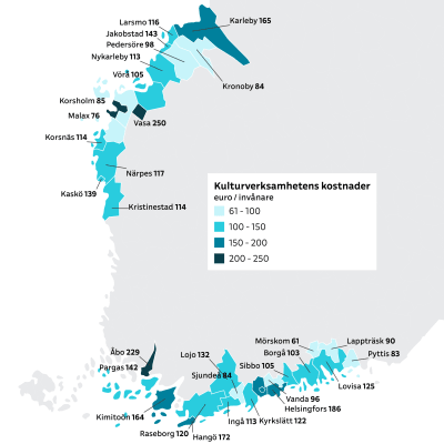 Karta som visar kulturverksamhetens kostnader i olika svenskspråkiga kommuner.