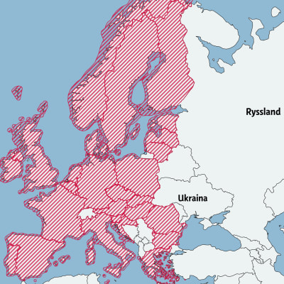 Karta som visar stora delar av Europa täckt av röda streck.