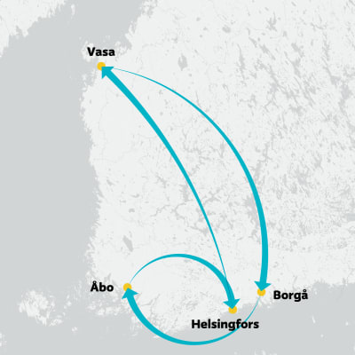 En karta som visar rutterna Helsingfors-Vasa, Vasa-Borgå, Borgå-Åbo och Åbo-Helsingfors.