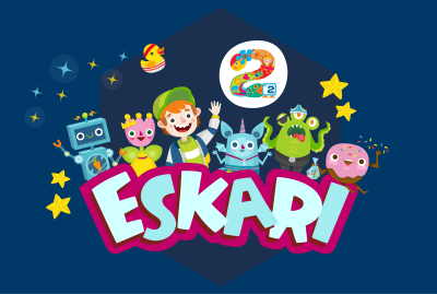 Eskari-tekstin ympärillä on Pikku Kakkosen Eskari -sovelluksen graafisia hahmoja. Tausta on tummansininen.