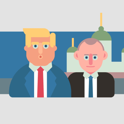 Illustration på Donald Trump och Vladimir Putin med Helsingfors domkyrka i bakgrunden.