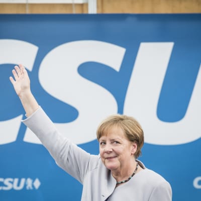 Tysklands förbundskansler Angela Merkel på ett valmöte i München den 27 maj 2017.