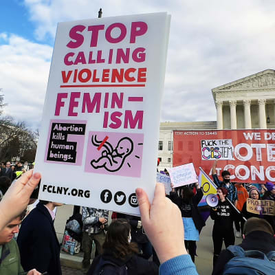 Demonstration mot abort. Plakat med texten "sluta kalla våld för feminism" och "abort tar livet av människor".