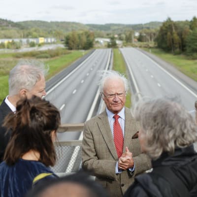 Kung Carl XVI Gustaf på en bro ovanför motorvägen vid Stenungsund omgiven av en grupp människor. Det blåser och kungens hår står på ända. Han ser bekymrad ut.