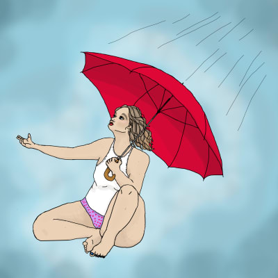 En sittande sexarbetare tittar upp mot en regnig himmel, hon har ett rött paraply över axeln.