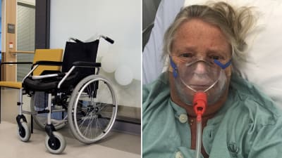 Collage av två bilder. Till vänster en rullstol som står vid en vägg på ett sjukhus. Till höger en kvinna som är klädd i sjukhuskläder och bär syremask.