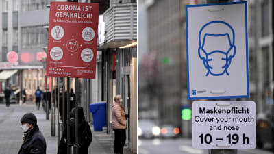 Collage av två bilder. Till vänster syns en bild från Krefeld i Tyskland där människor bär munskydd och en skylt med texten "Corona är farligt" hänger uppe. Till höger syns en skylt i Dusseldorf med en uppmanan till folk att använda munskydd.