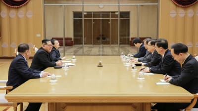 KCNA:s bilder från mötet mellan Kim och den sydkoreanska delegationen visar idel glada miner. 