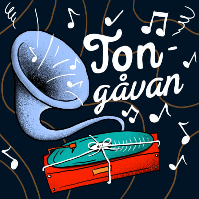 Grafik med en röd grammofon och noter på blå bakgrund.