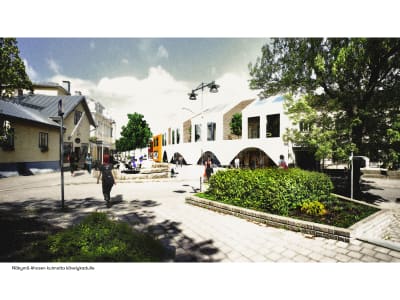 En skiss över det nya huset som planeras på Köpmansgatan 7 i Pargas.
