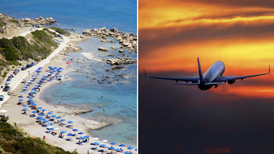 Collage av två bilder. Till vänster en bild av en strand i Rhodos, Grekland, till höger ett flygplan i luften. 