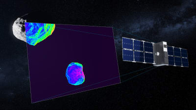 Hera-mission italialainen Milani-pienoissatelliitti kartoittamassa Didymos-Dimorphos -systeemiä suomalaisen VTTn ASPECT-hyperspektrikameralla. Taiteilijan näkemys.