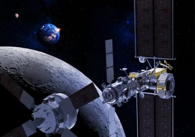 En Orionkapsel som närmar sig rymdstationen Gateway i omloppsbana runt månen, i konstnärens framtidsvision.