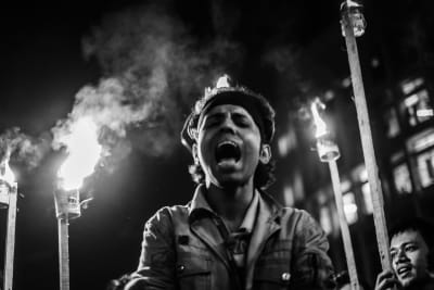 Överlevande från forlkmordet i Bangladesh 1971 deltar i protest som kräver dödsstraffet för krigsförbrytare.