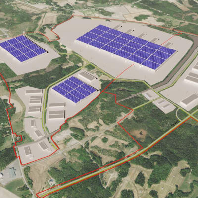 En skiss av Långskogens industriområde där en batterifabrik planeras på en 300 hektar stor tomt.
