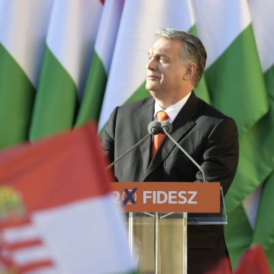 Viktor Orbán omringad av ungerska flaggor.