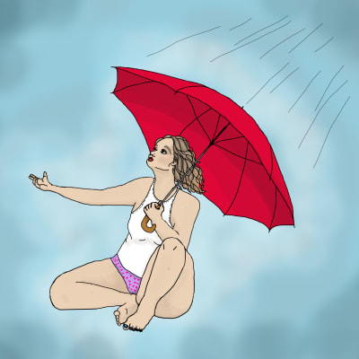 En sittande sexarbetare tittar upp mot en regnig himmel, hon har ett rött paraply över axeln.