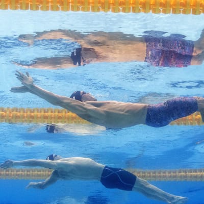 Tre ryggsimmare bredvid varandra i bassängen under tävling.
