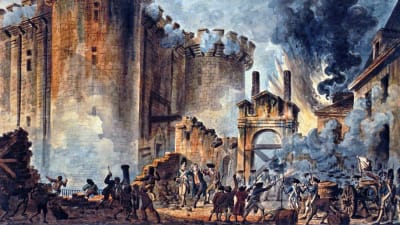 Målning av stormningen av Bastiljen under franska revolutionen