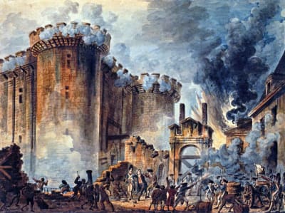 Målning av stormningen av Bastiljen under franska revolutionen