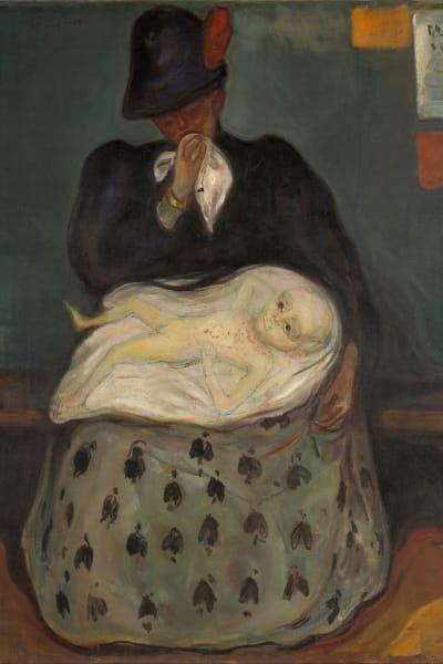 Edvard Munchs målning Inheritance. En mamma håller sitt syfilissmittade barn i famnen, hon med en näsduk framför sin mun. Målad någon gång mellan 1897-1899.
