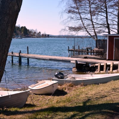 Båtar uppdragna på en strand.