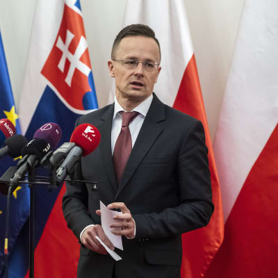 Unkarin ulkoministeri Péter Szijjártó tiedotustilaisuudessa 13. maaliskuuta 2020.