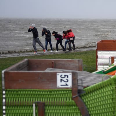 Barn kämpar sig fram mot vinden på stranden i Norddeich.