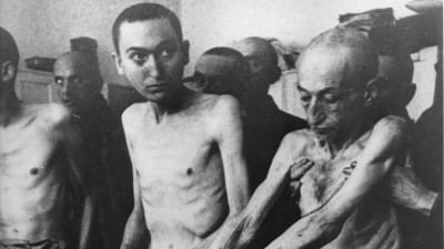 Utmärglade Auschwitzfångar fotade efter att lägre befriades 1945.