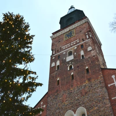 Domkyrkan i Åbo fotad nerifrån. Granen vid domkyrkan med julljus står intill.