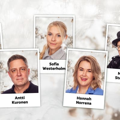 Ett vintrigt landskap med fem polaroidbilder på Vegas vinterpratare år 2022. Från vänster har vi Julia Ståhle, Antti Kuronen, Sofia Westerholm, Hannah Norrena och Nasse Stenfors.