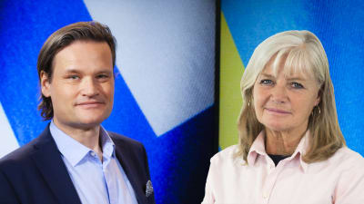 Journalisterna Stefan Winiger och Ann-Britt Ryd Pettersson i ett montage med Finlands och Sveriges flaggor i bakgrunden.