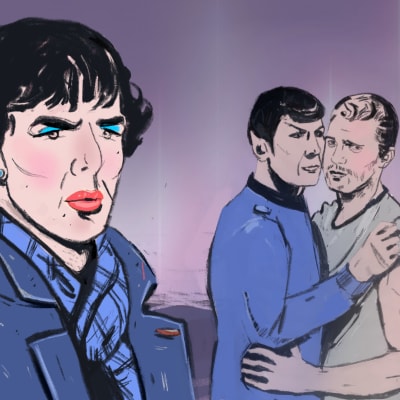 En illustration av Sherlock Holmes i smink, Kirk och Spock från Star Trek som omfamnar varandra och Harry Potter som vampyr.