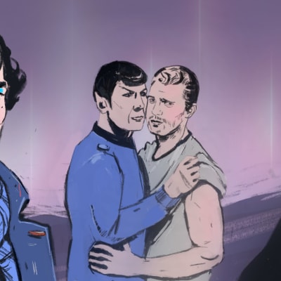 En illustration av Sherlock Holmes i smink, Kirk och Spock från Star Trek som omfamnar varandra och Harry Potter som vampyr.