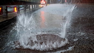 Vatten sprutar ut på gatan ur en gatubrunn i Gräsviken, Helsingfors, till följd av kraftigt regn. Gatan är översvämmad.