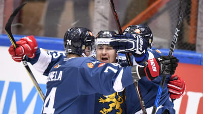Finlands spelare firar Pekka Jormakkas mål.