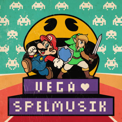 Mario och Zelda från Nintendo-tv-spel framför en bakgrund av Space invaders. I texten står det Vega ❤ spelmusik.