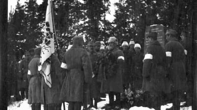 Vid minnesstenen över de stupade i slaget vid Svidja, i Ingels. Fotografiet taget år 1919 av Bernhard Åström.