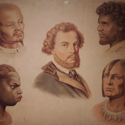 En gammal skolplansch som visar olika raser i form av porträtt. DEn vite mannen i mitten, andra raser runt omkring.